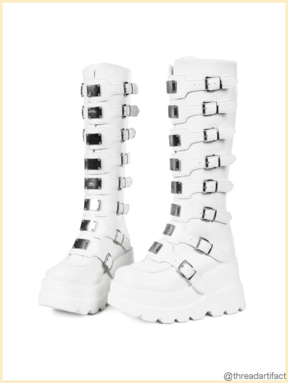 Goth Platform Knee High Boots Multi-Buckle Faux Leather Wedge Combat Y2K